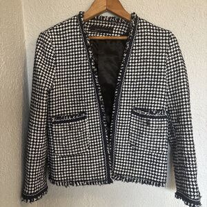 Zara Woman Blue And White Herringbone Blazer Size Small